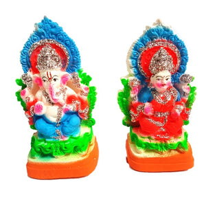 Lakshmi Ganesha Idol of Clay (Mitti) - Sat on Singhasan_Size 4.5 Inch
