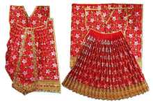 Load image into Gallery viewer, A traditional red embroidered skirt set with a matching pleated skirt and draped fabric pieces, decorated with white floral patterns and gold borders, shown on a plain white background.