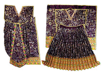Load image into Gallery viewer, A traditional Indian outfit consisting of a dark purple floral printed kurta with gold and green borders, paired with a matching pleated skirt and a rectangular shawl, displayed on a plain white background.