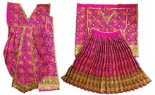 Load image into Gallery viewer, A traditional Indian outfit consisting of a bright pink floral printed kurta with gold borders and matching pleated skirt, displayed flat against a white background.