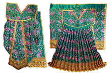 Load image into Gallery viewer, A traditional Indian ethnic ensemble, likely a saree and blouse set, displayed on a clean white background. The set features a teal green saree with intricate pink floral embroidery and gold borders, paired with a matching embroidered green blouse with gold trim.