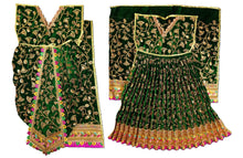 Load image into Gallery viewer, A dark green traditional embroidered garment set displayed on a plain white background, featuring a pleated skirt, matching blouse, and draped fabric pieces with ornate gold floral embroidery and pink border accents.