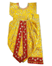 Load image into Gallery viewer, A yellow traditional Indian outfit with intricate silver embroidery, featuring a draped skirt with a prominent red border decorated with gold motifs.