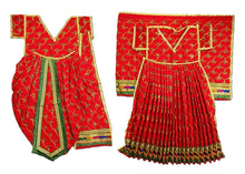Load image into Gallery viewer, A traditional red and gold embroidered Indian outfit shown as a flat lay, featuring a kurta on the left and a matching pleated skirt on the right, both with green and gold border details.