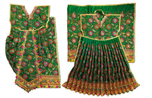 Load image into Gallery viewer, A traditional Indian ethnic wear set featuring a green embroidered kurta with floral patterns, a matching pleated skirt, and a green dupatta, displayed on a solid white background.