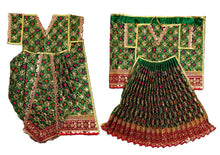 Load image into Gallery viewer, A traditional Indian ethnic wear set featuring a green embroidered kurta and matching pleated skirt with red and gold accents, displayed flat against a white background.