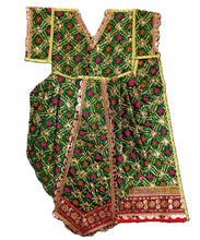 Load image into Gallery viewer, A green embroidered traditional garment with gold zari work, pink and red floral motifs, and a heavily decorated red and gold border, shown on a plain white background.