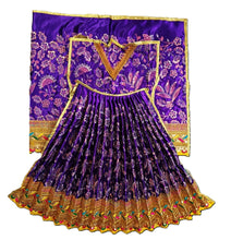 Load image into Gallery viewer, A traditional Indian ethnic wear set featuring a purple and gold embroidered skirt with a pleated design, a matching embroidered blouse, and a coordinating dupatta, all displayed against a solid white background.