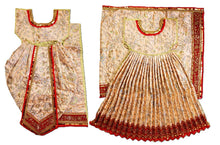Load image into Gallery viewer, A traditional Indian ethnic outfit set featuring a heavily embroidered beige and gold lehenga skirt with red borders, paired with a matching sleeveless kurta, displayed against a solid white background.