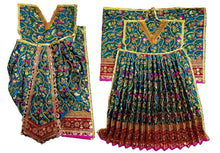 Load image into Gallery viewer, A traditional Indian ethnic outfit consisting of a heavily embroidered teal green blouse with gold borders and a matching pleated skirt, displayed on a clean white background.