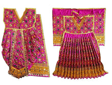 Load image into Gallery viewer, A traditional Indian outfit displayed in two views: a flat front view of a pink and gold embroidered kurta with matching pleated skirt, and a folded side view showing the drape and mirror work. The outfit features vibrant magenta pink fabric, extensive gold zari embroidery, and multicolor floral details.