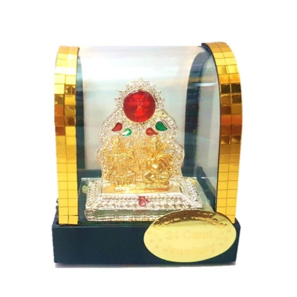 Mini_Lakshmi Ganesha_Sat on Silver Singhasan_Car Dashboard_Gold Plated