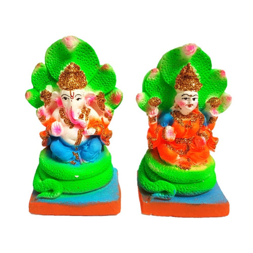 Lakshmi Ganesha Idol of Clay (Mitti) - Sat on Shesh Nag_Singhasan_Size 4.5 Inch