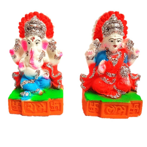 Lakshmi Ganesha Idol of Clay (Mitti) - Sat on शुभ - लाभ_Size 4.5 Inch