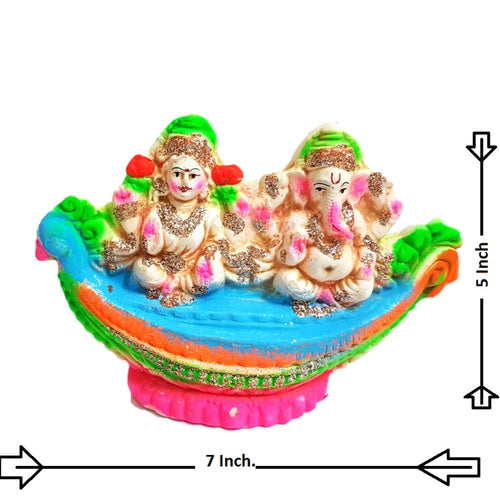 Lakshmi Ganesha Idol of Clay (Mitti) - Sat on Parrot boat_Size 5 Inch