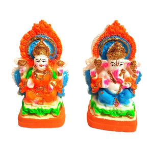 Lakshmi Ganesha Idol of Clay (Mitti) - Sat on Singhasan_Size 4.5 Inch